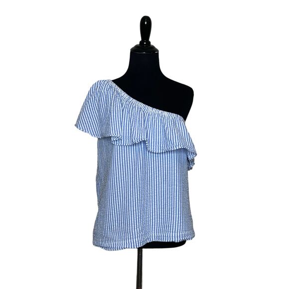 Vineyard Vines blue white stripes one shoulder ruffled top size 4 - Picture 9 of 13